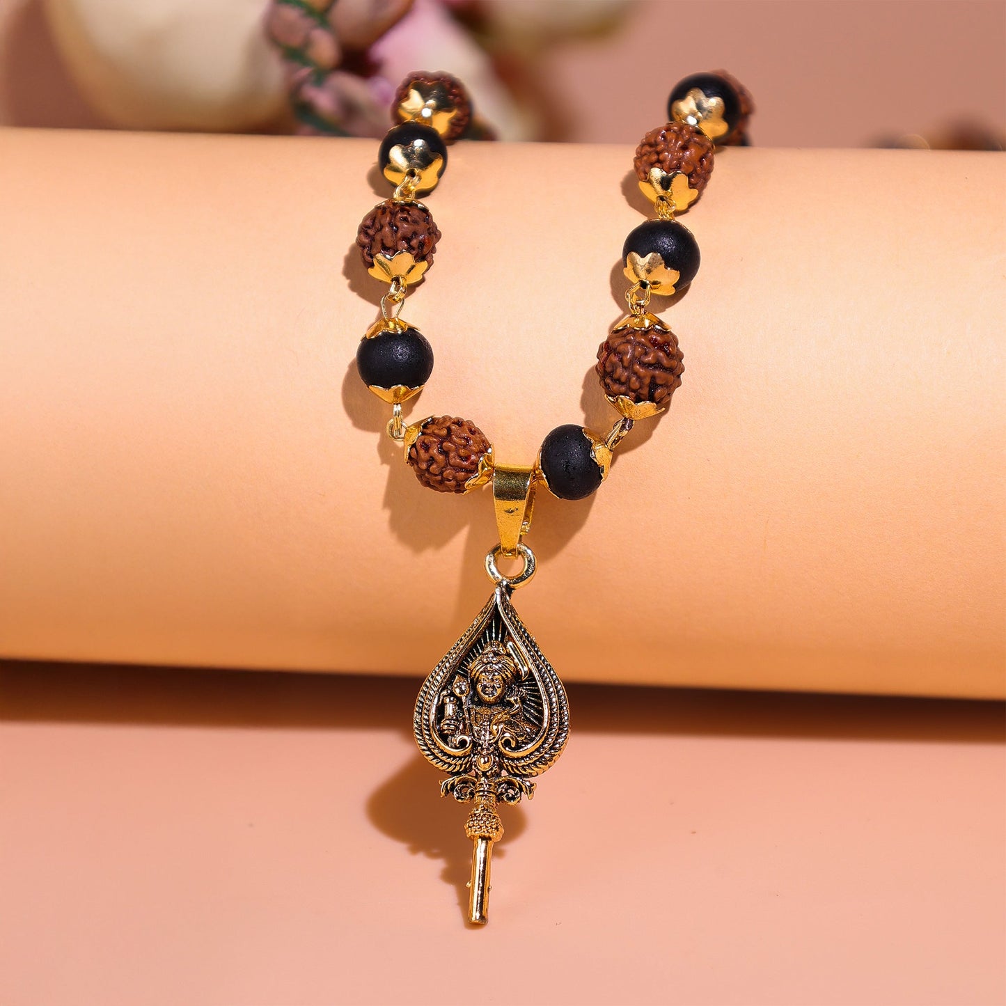 Golden Karungali Rudraksha Mala Murugan Trishul