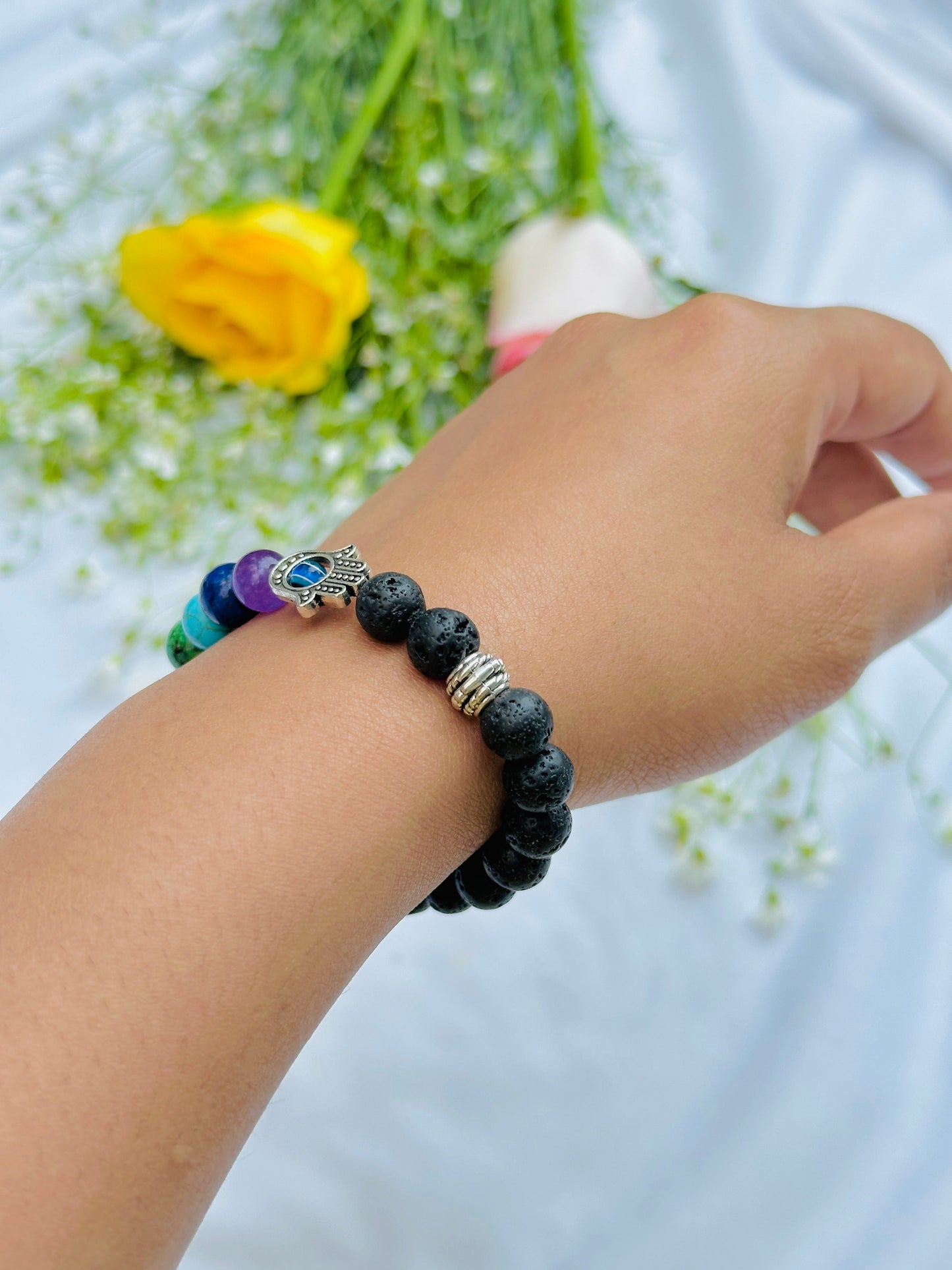 Evil Eye Protect: Seven Chakra with Lava Stone Bracelet
