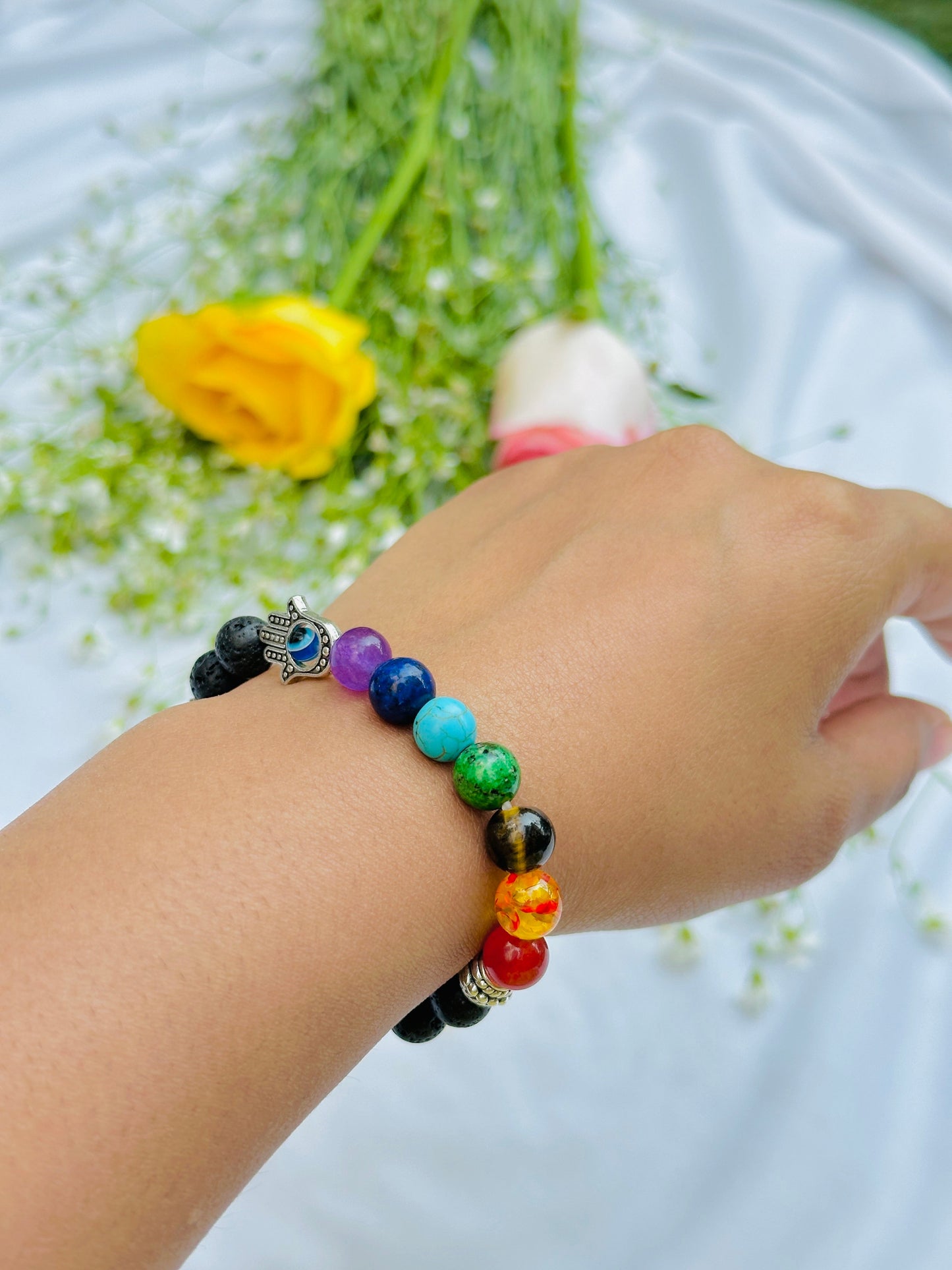 Evil Eye Protect: Seven Chakra with Lava Stone Bracelet