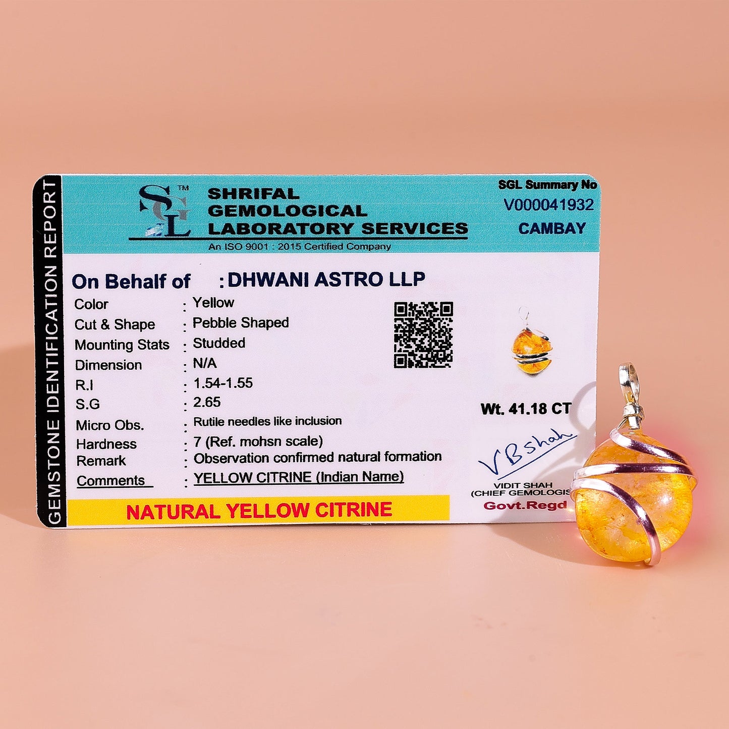 Yellow Citrine Wrapping Pendant for Success