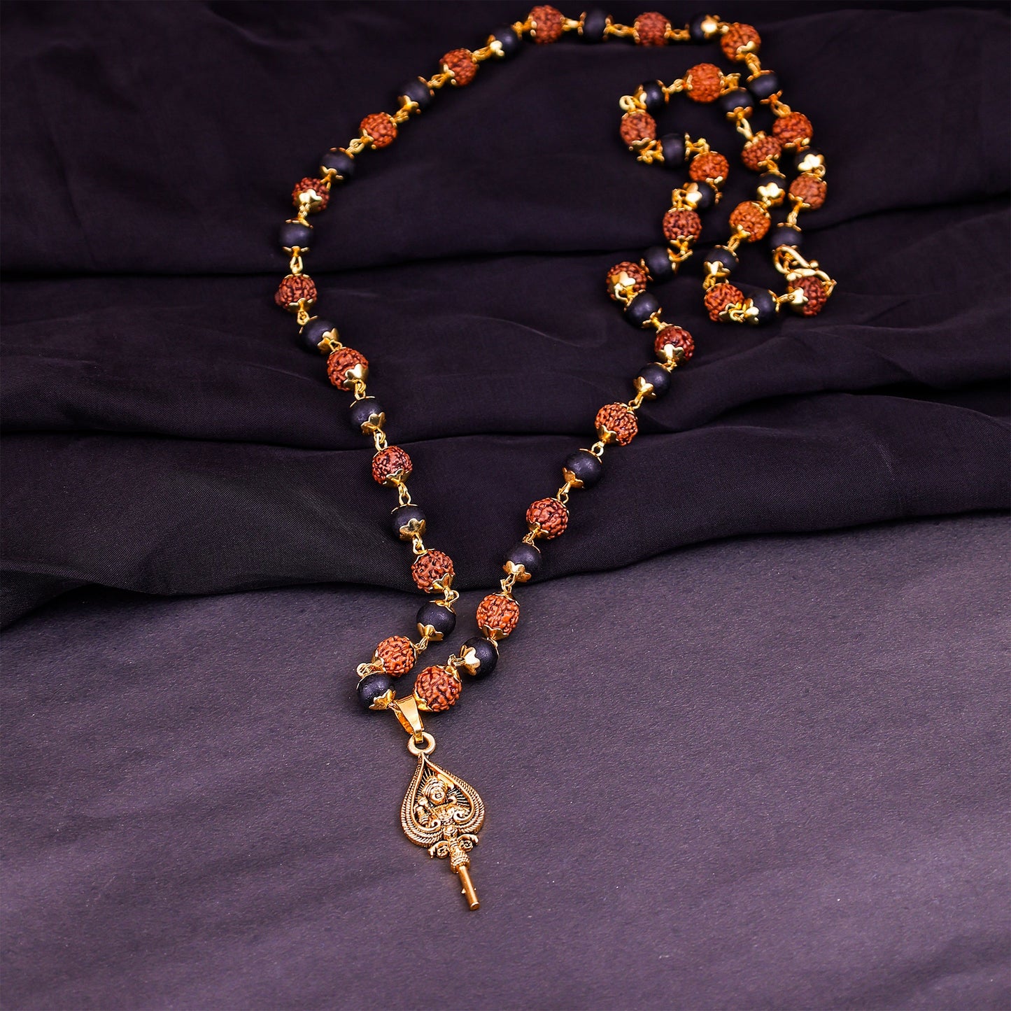 Golden Karungali Rudraksha Mala Murugan Trishul
