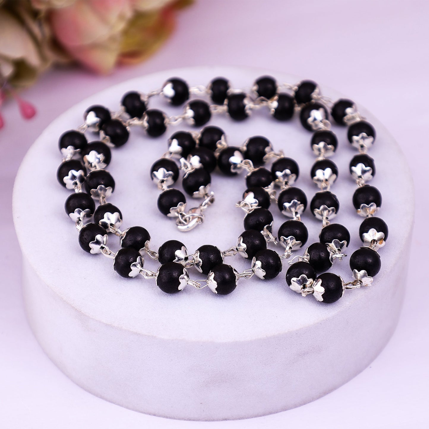 Silver Plated Karungali Mala (Ebony Wood)